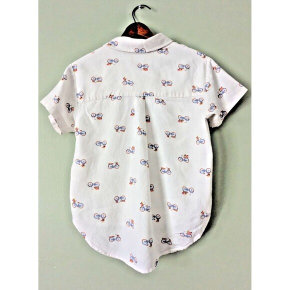 Rae Dunn Bicycle Print Button Down Shirt Womens Size Small White Linen Blend Top - Picture 2 of 6